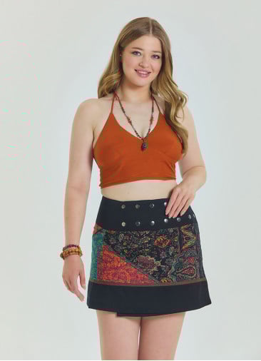 Snap Front Patchwork Wrap Black Plus Size Skirt 4689